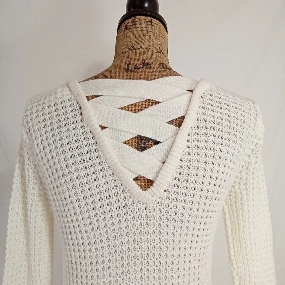 Panhandle Sweater SMALL Cream Open Knit Stretch Crisscross Back Long Sleeve‎ LN